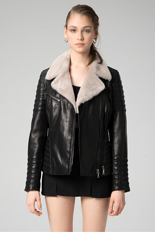 Artemis Women's Jumbo Collar Fur Genuine Leather Coat Black