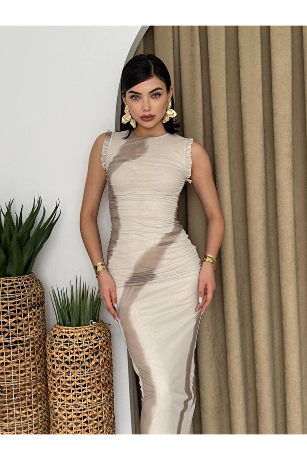 Caramel Streç Midi Elbise - 3