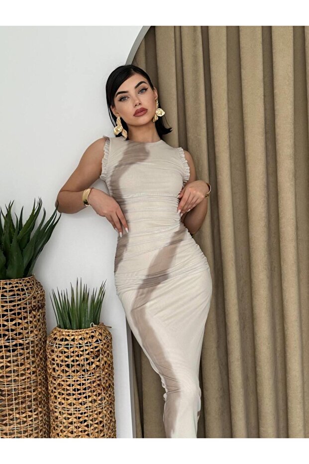 Caramel Streç Midi Elbise - 4