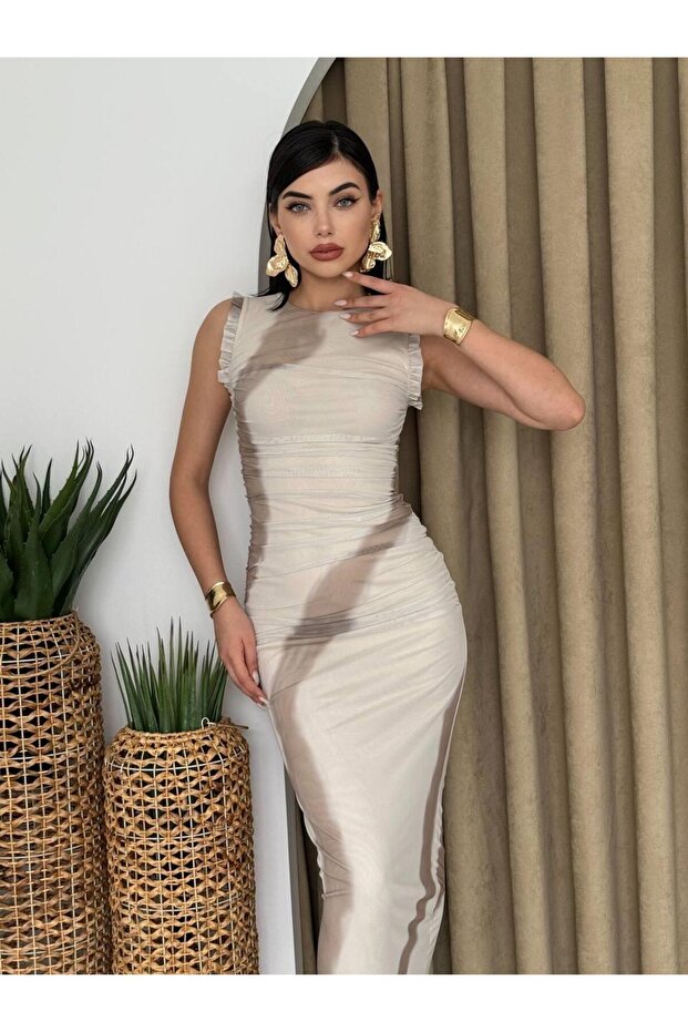 Caramel Streç Midi Elbise - 6