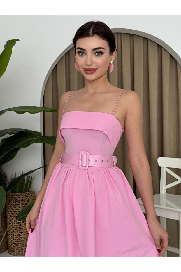 Poplin Kemerli Askılı Elbise - 8