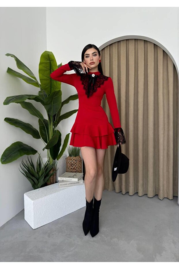 Broş Dantel Selin Mini Elbise - 4