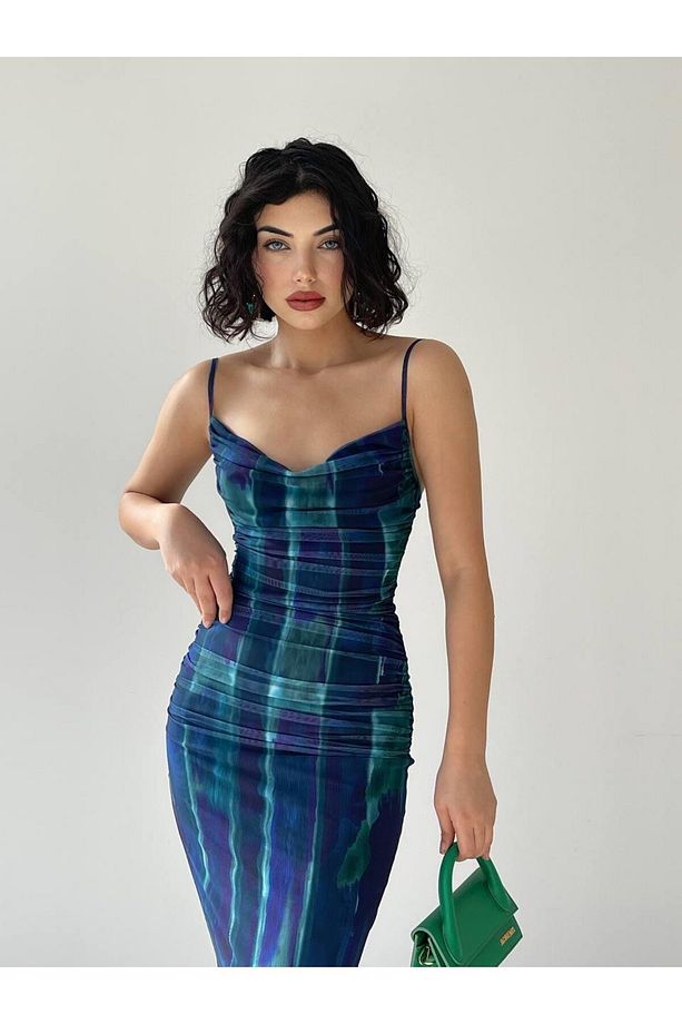 Askılı Mavim Midi Tül Elbise - 5