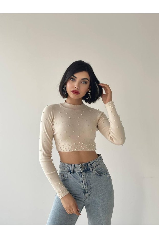 Cloi İnci Detay Crop - Bej