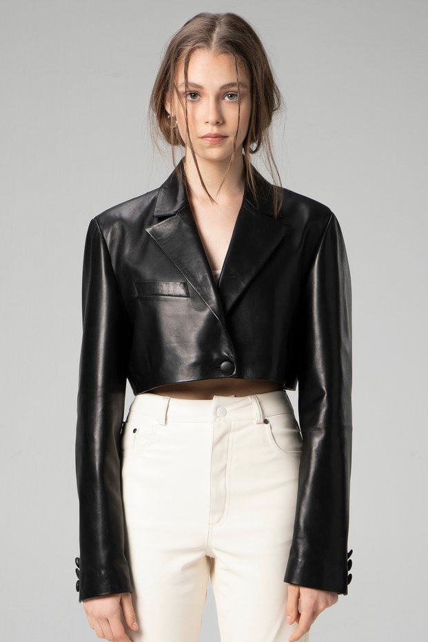 Jasmine Women's Crop Blazer Genuine Leather Jacket Black