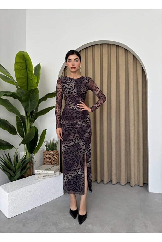 Leopar Streç Tül Elbise - 1