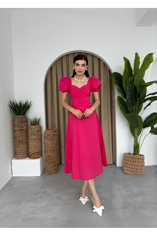 Poplin Düğmeli Midi Boy Elbise - 2