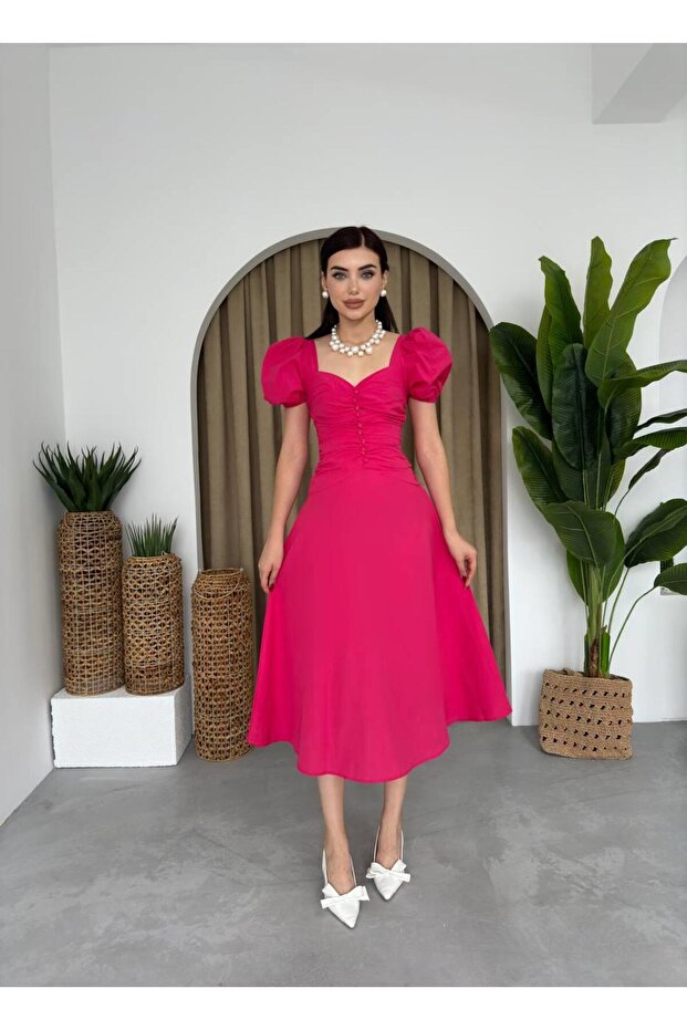 Poplin Düğmeli Midi Boy Elbise - 7