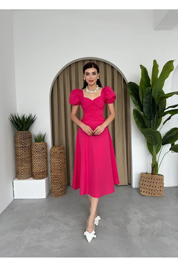 Poplin Düğmeli Midi Boy Elbise - 3