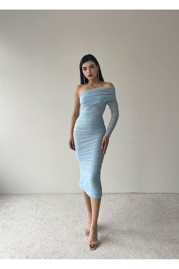 Tek Kol Tül Midi Boy Elbise - 6682 - Bebe Mavi - 5
