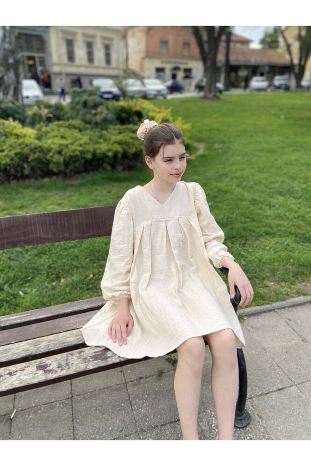 Young Girl's V-Neck and Gathered 100% Muslin Fabric Dress and Buckle