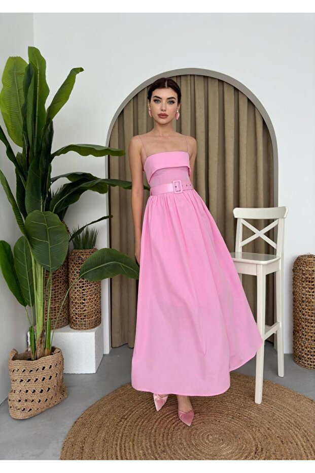 Poplin Kemerli Askılı Elbise - 6