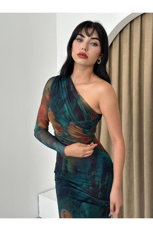 Zümrüt Tek Kol Stres Uzun Elbise - 4