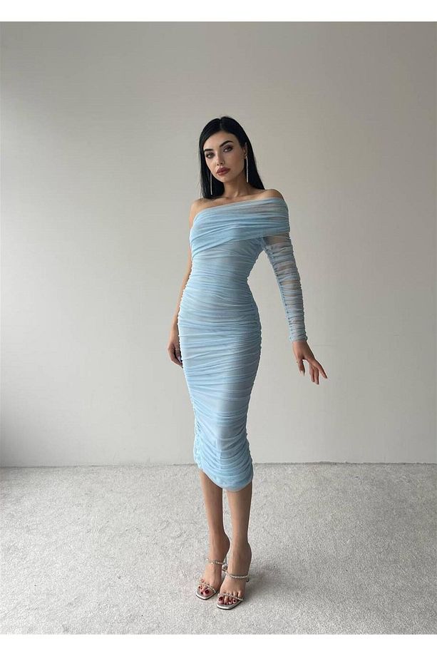 Tek Kol Tül Midi Boy Elbise - 6682 - Bebe Mavi - 4