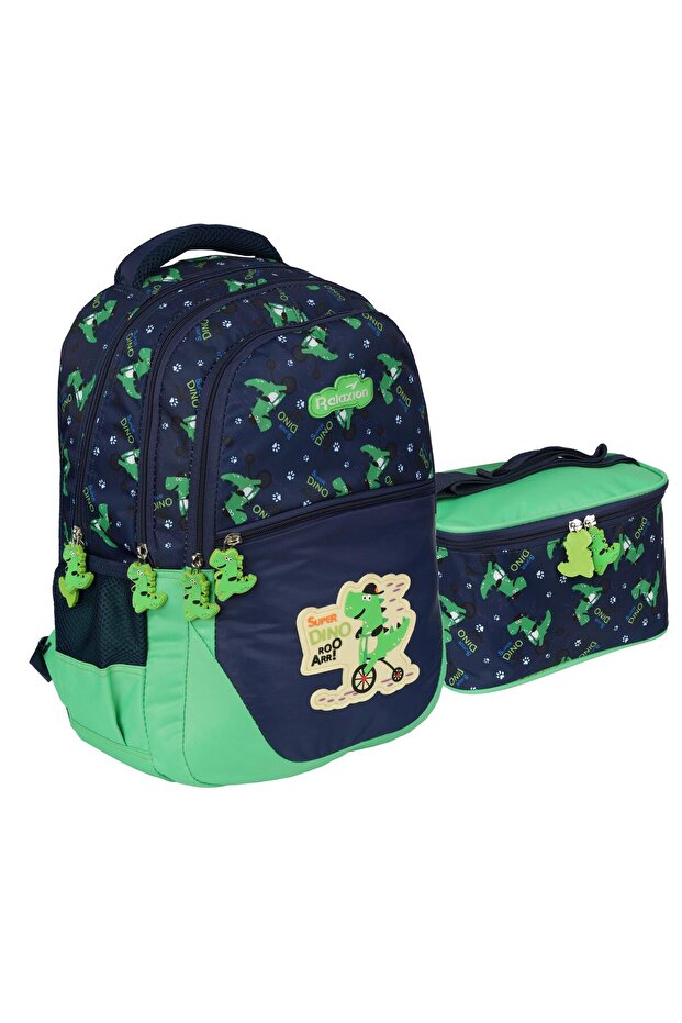 Boy's Feeding Water Resistant 4 Compartment School Backpack RLX1350 Green Dinosaur