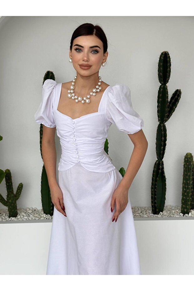 Poplin Düğmeli Midi Boy Elbise - 4