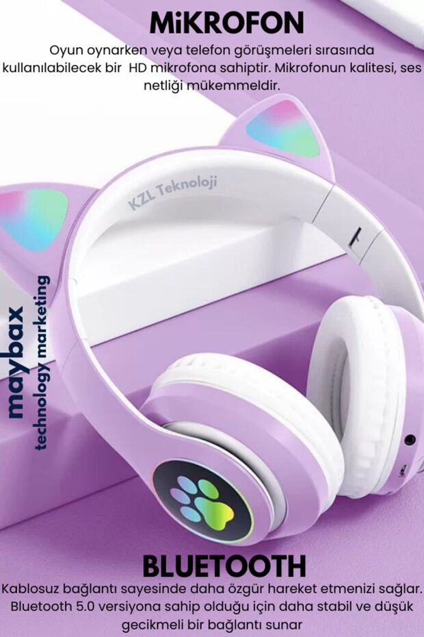 5.0 Vilya Kedi Kulağı Detaylı Bluetooth Kablosuz Kulaklık Çocuk Oyuncu Yok Yok Yok 2 Yıl Yok Mor - 4