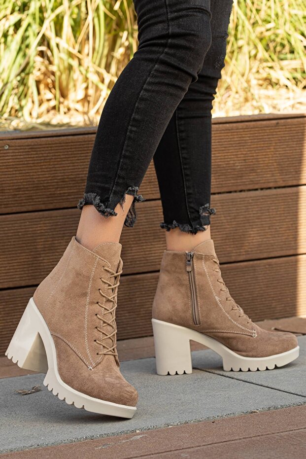 Lace-Up Women's Heeled Boots Mink Suede Leather