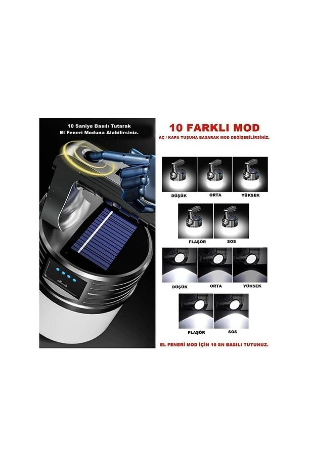P-300w 10modlu Güneş Enerjili Solar Aydınlatma Kamp Çadır Lambası Ampül Led Şarjlı Işıldak El Feneri - 6