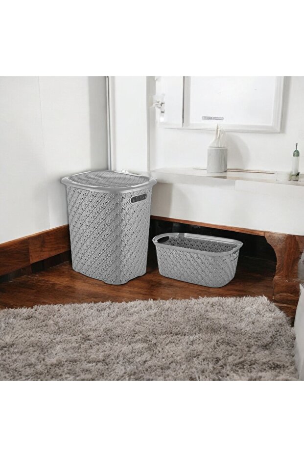 2'li Örgü Çamaşır Sepeti Seti Gri - 3