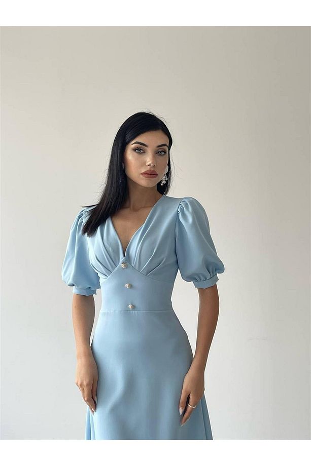 Linda Önü Düğmeli Midi Elbise - Bebe Mavi - 8