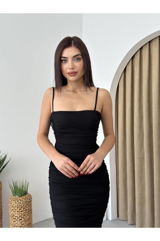 Askılı Drapeli Tül Midi Elbise - 2