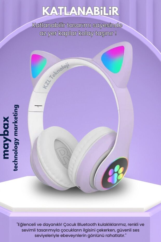 5.0 Vilya Kedi Kulağı Detaylı Bluetooth Kablosuz Kulaklık Çocuk Oyuncu Yok Yok Yok 2 Yıl Yok Mor - 6