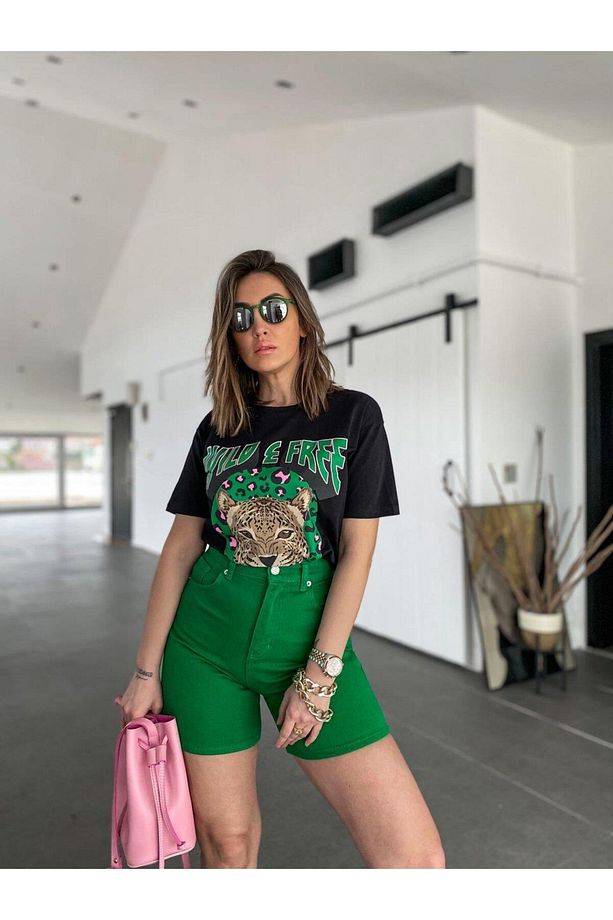 Yeşil Yüksek Bel Mom Şort - 4