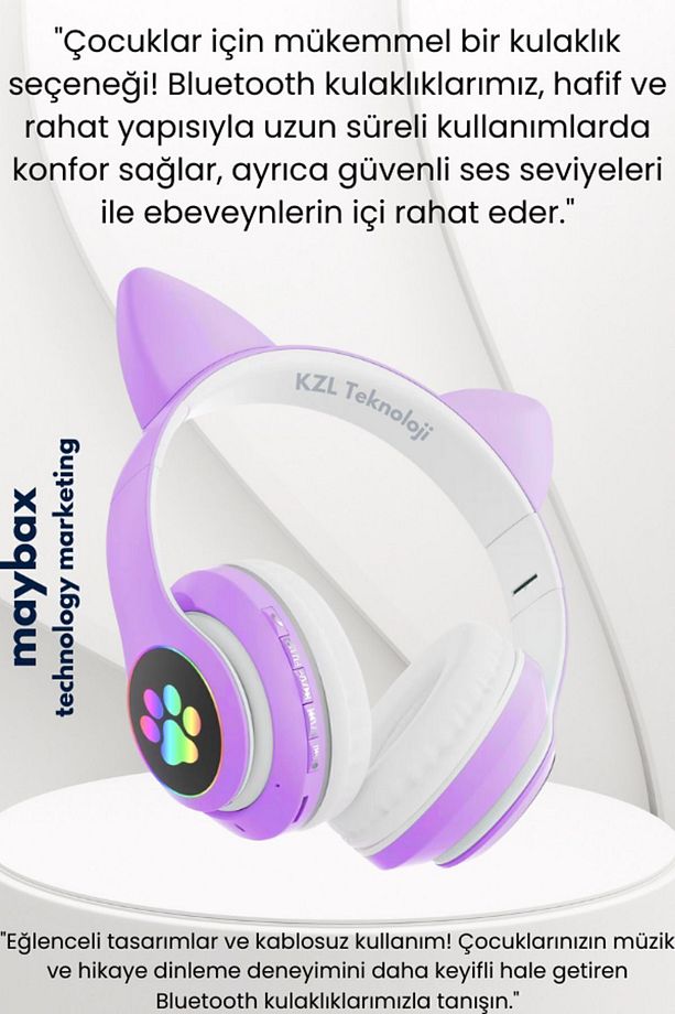 5.0 Vilya Kedi Kulağı Detaylı Bluetooth Kablosuz Kulaklık Çocuk Oyuncu Yok Yok Yok 2 Yıl Yok Mor - 5
