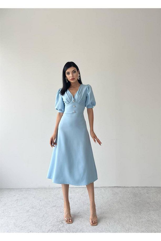Linda Önü Düğmeli Midi Elbise - Bebe Mavi - 1