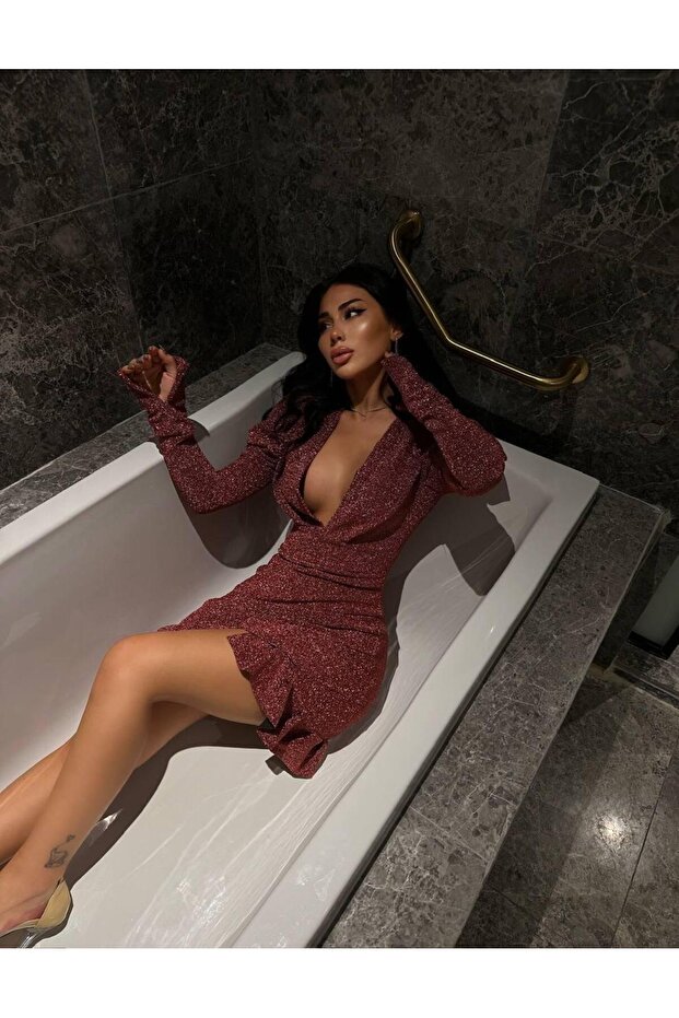 Class Mini Simli V Yaka Elbise Gül Kurusu - 3