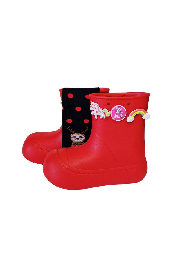 Kırmızı Yağmur Botu + Geyikli+Çorap Set - 3