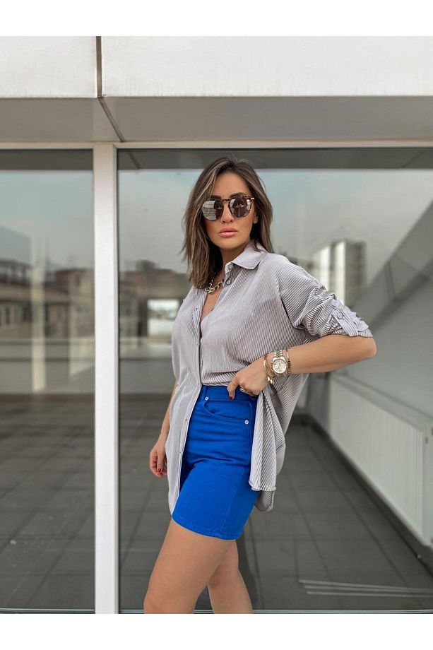 Saks Rengi Yüksek Bel Mom Şort - 1