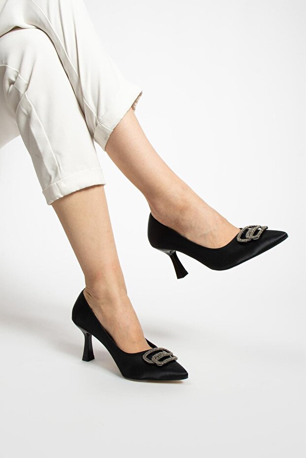 Women's Black Satin Heeled Shoes