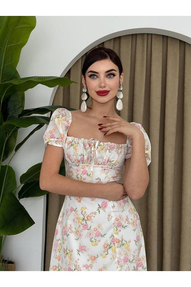 Yazgülü Yırtmaçlı Pembe Çiçekli Elbise - 8