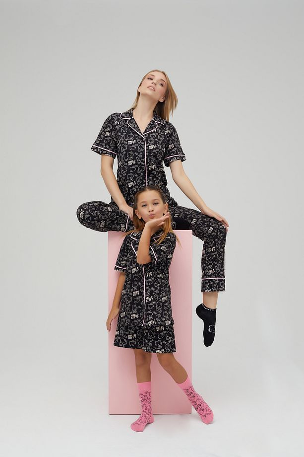 Lisanslı Düğmeli Siyah Kız Çocuk Kısa Kollu Şortlu 100% Pamuklu Pijama Takım Roz-250C - 6