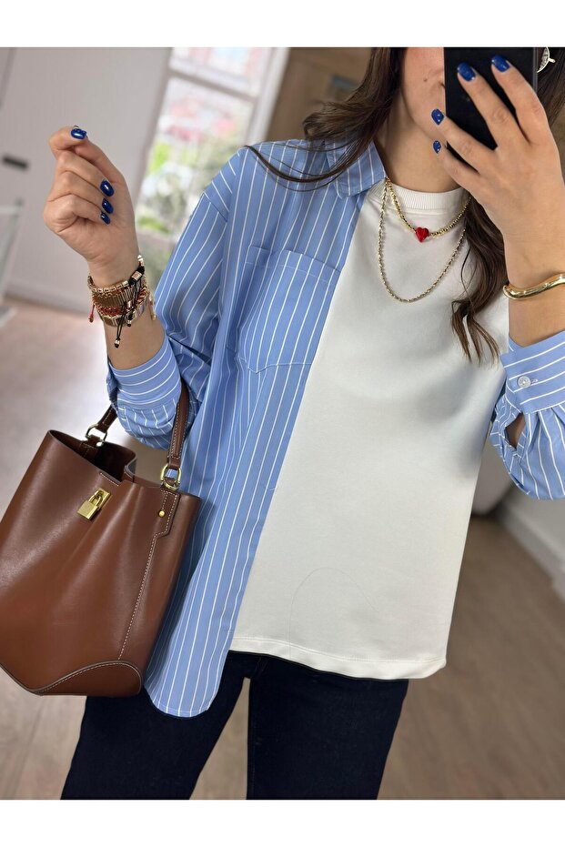 Garnili Poplin Gömlek-Mavi - 2