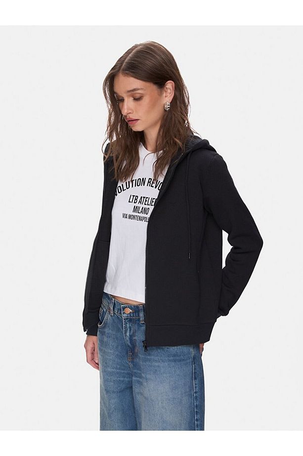 Düz Kapüşonlu Fermuarlı Regular Fit Siyah Sweatshırt - 4