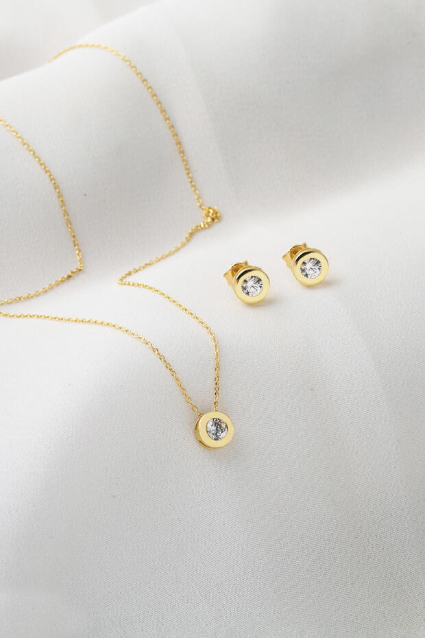 Yuvarlak Tek Taşlı 14 Ayar Altın Takı Seti - 3