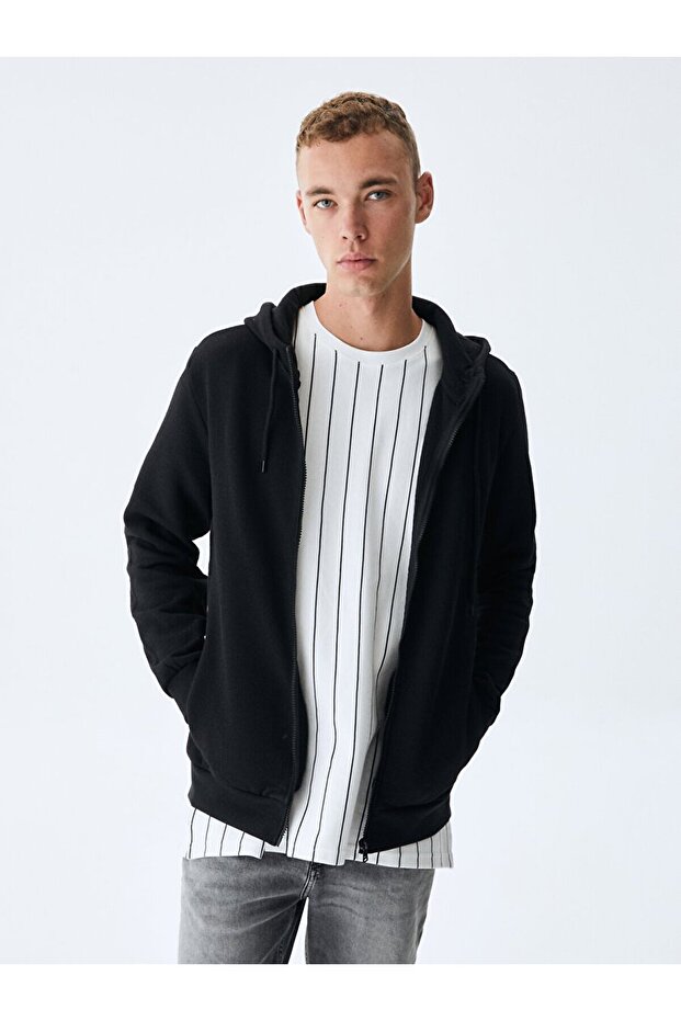 Kapüşonlu Fermuarlı Siyah Sweatshırt - 7