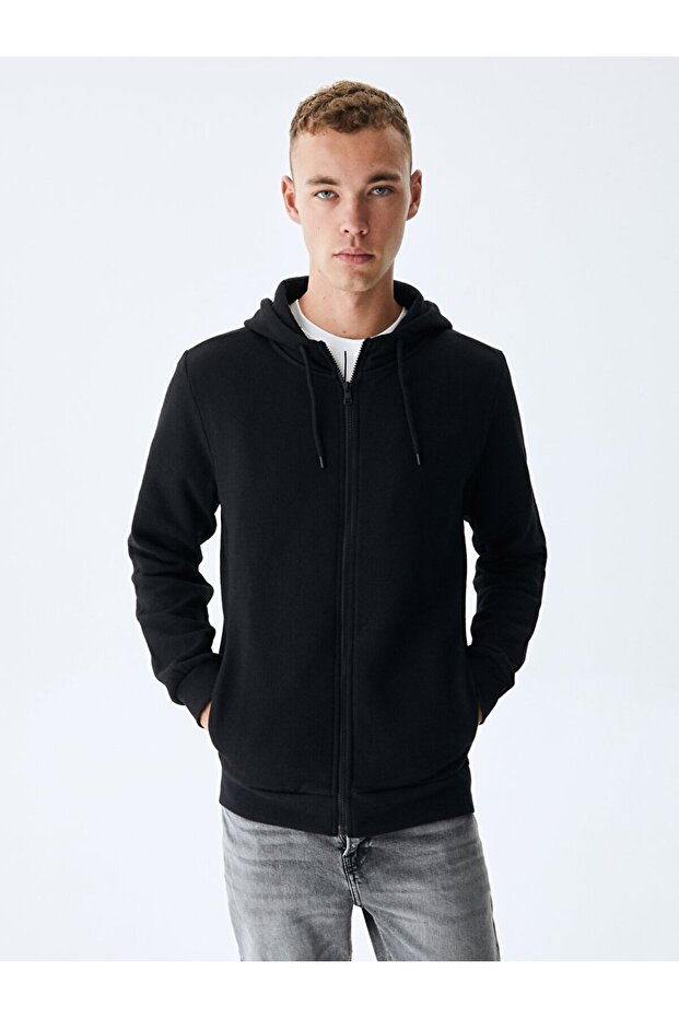 Kapüşonlu Fermuarlı Siyah Sweatshırt - 2