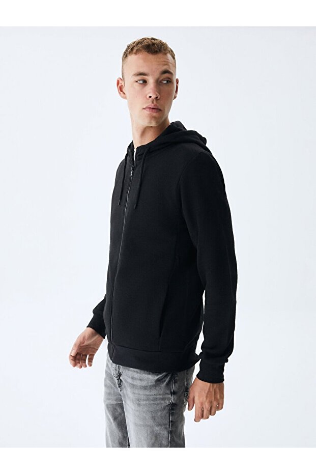 Kapüşonlu Fermuarlı Siyah Sweatshırt - 4
