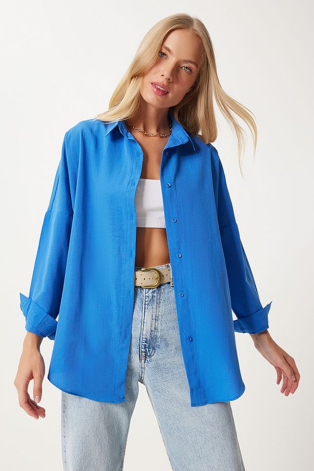 Oversize Basic Gömlek CANLI MAVİ LDD0003 - 3
