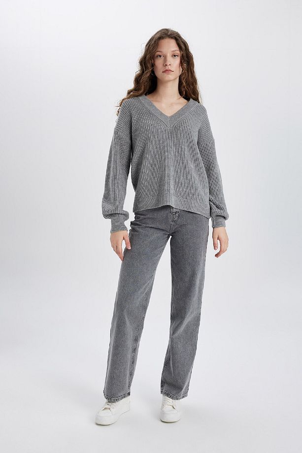 Oversize Geniş Kalıp V Yaka Basic Düz Triko Kazak Z7135AZ24WN - 2