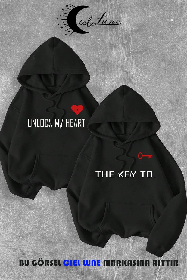 Dear Couple Combination Key to Text Printed Color Hooded Sweatshirt Set of 2 Black
