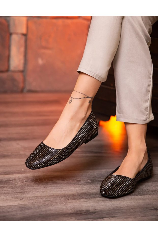 (Shoes) Stone Detailed Women's Ballerina Black