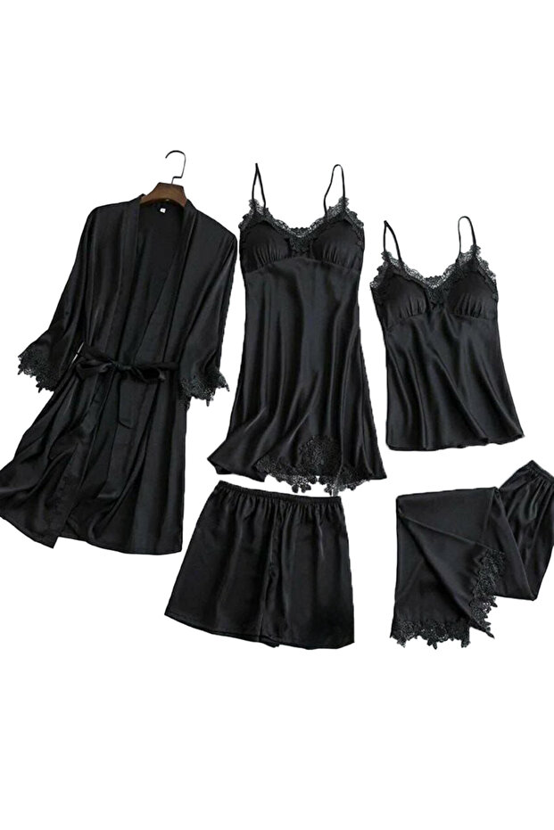 Women's 5 Piece Satin Laced Nightgown Bridal Dowry Set Black 30740