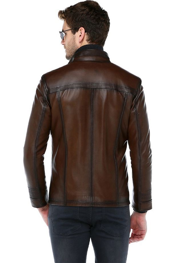 E1081 Gerçek Deri Erkek Mont Camel Antik - 3