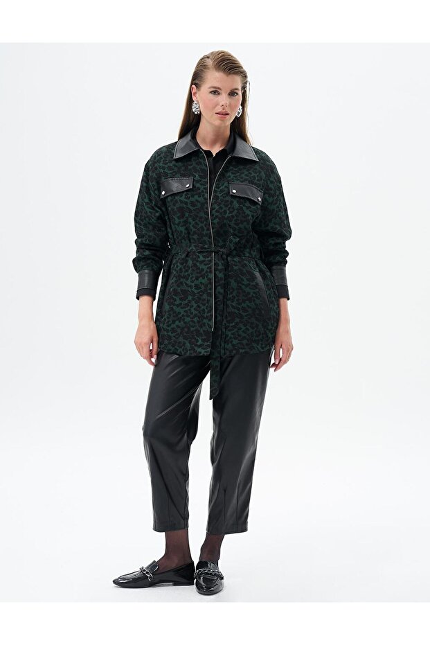 Leopard Patterned Belted Jacket Green - 3