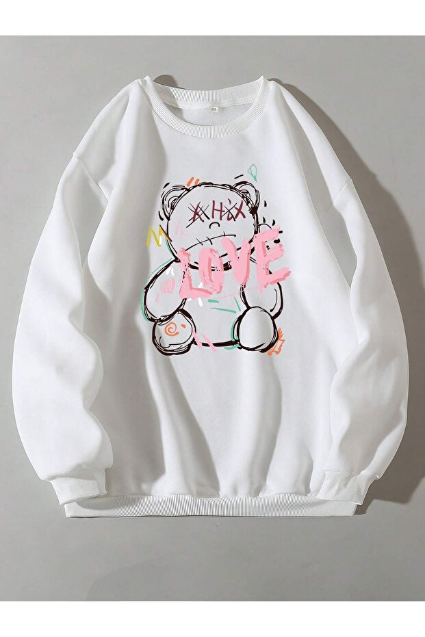 Love Bear X Hix Sweatshirt - White Printed Oversize Raised Crew Neck